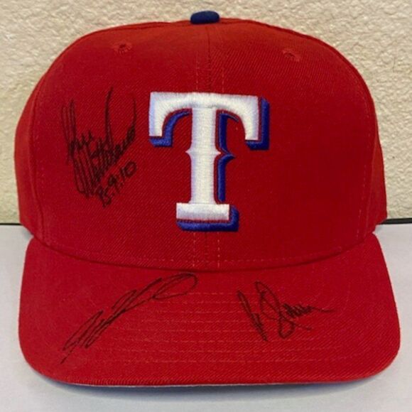 TEXAS RANGERS AUTOGRAPH TEAM HAT IVAN RODRIGUEZ JOHN WETTELAND RUBEN SIERRA - Picture 1 of 5
